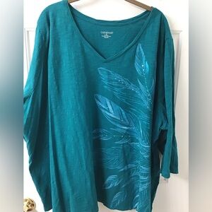 CATHERINES SZ 3X WOMENS TUNIC LEAF STUDS GUC TEAL COTTON